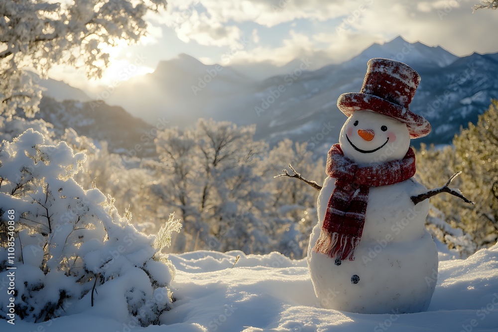 Obraz premium Joyful Snowman in Snowy Mountain Landscape at Sunrise