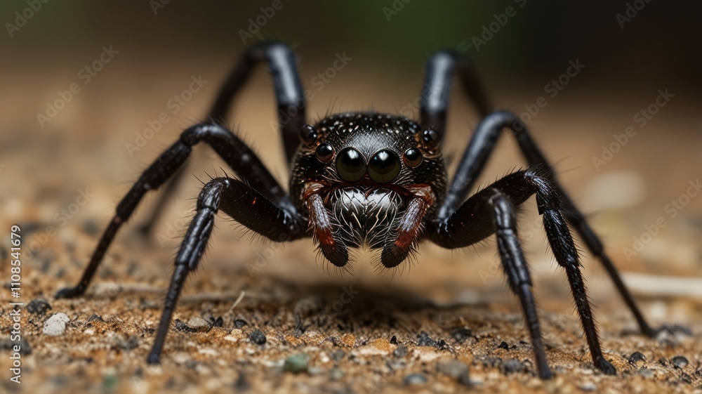 Fototapeta premium Here's a possible and keyword list for your image.. Close-up of a black jumping spider facing the camera on a brown surface.