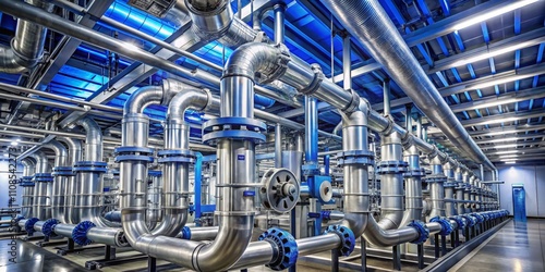 Industrial Piping System Complex Network of Steel Pipes, Blue Accents, High Angle View, Engineering, Metalwork Industrial pipework, metal pipes photo