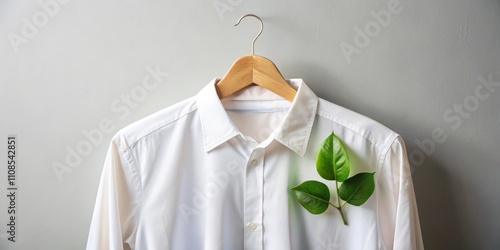 Eco-Friendly White Shirt Minimalist Composition with Green Leaves, Wooden Hanger,Fabric Texture Eco Fashion, Sustainable Clothing photo