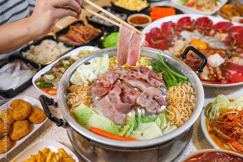Obraz premium Delicious Hot Pot Meal with Fresh Ingredients