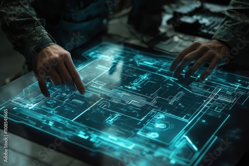Two hands interact with a futuristic, glowing touchscreen displaying complex digital schematics. Illustrates advanced technology, military planning, or data analysis concepts.