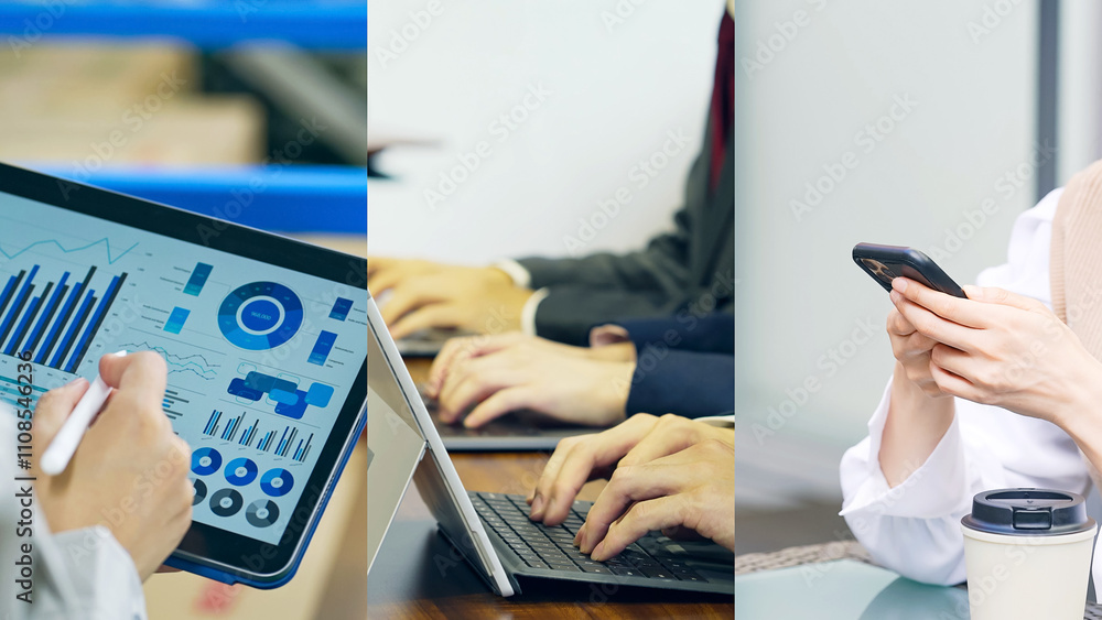 Fototapeta premium technology, business, dx, digital transformation, digitalization, encryption, erp, ai, ict, iot, saas, cloud, information, data, analysis, engineer, smartphone, smart phone, tablet, laptop, pc, teamwo