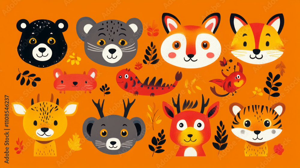 cute animal faces on orange background for kids' art cute animal faces on orange background for kids' art