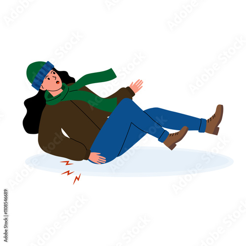 Woman falls on ice while walking in winter attire outdoors during a snowy day