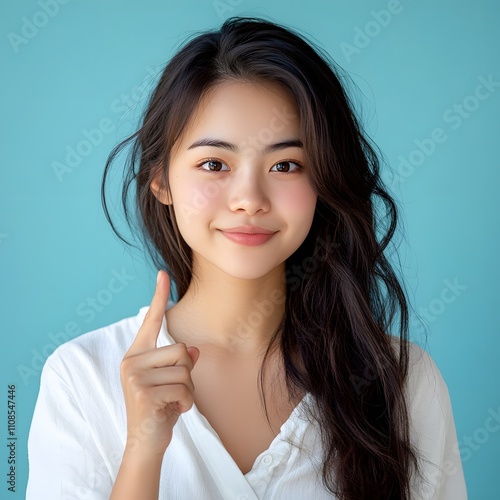 An Asian woman presenting and pointing, with a light blue background that emphasizes her beauty, confidence, and elegance. photo