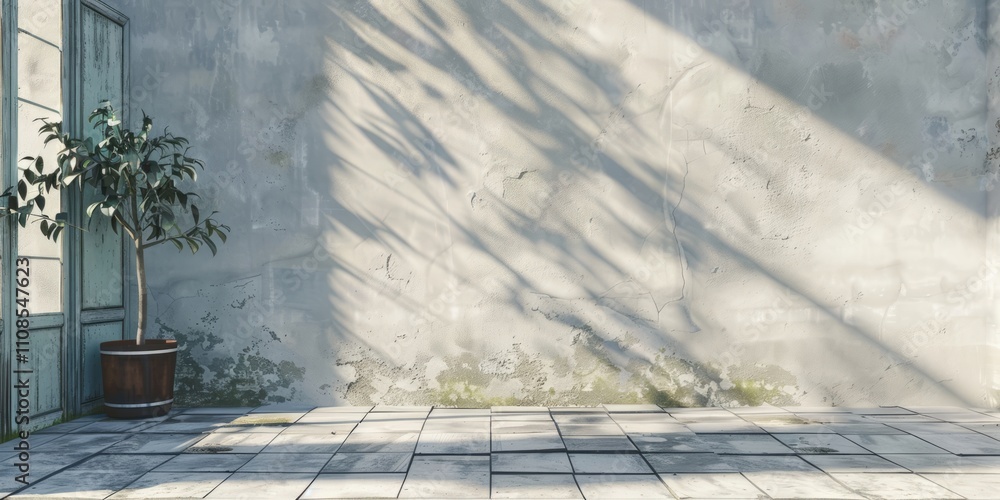 A serene outdoor patio with a potted plant casting shadows on a textured concrete wall, creating a minimalist and peaceful atmosphere. A serene outdoor patio with a potted plant casting shadows on a textured concrete wall, creating a minimalist and peaceful atmosphere.