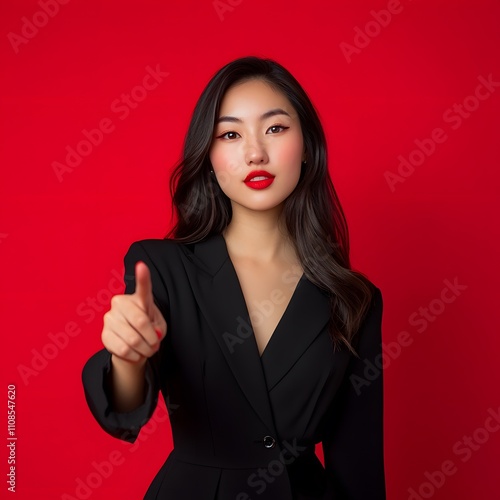 An Asian woman presents and points towards the copy space against a red background, showcasing her beauty, confidence, and elegance as a young and attractive model. photo