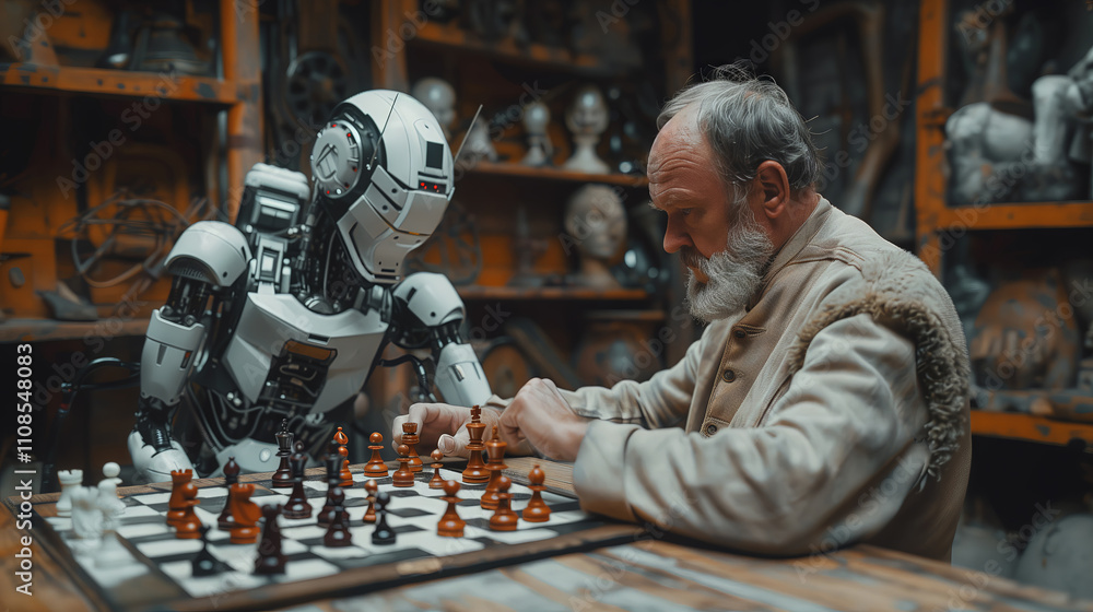The image depicts an elderly man and a robot engaging in a game of chess inside a vintage workshop The image depicts an elderly man and a robot engaging in a game of chess inside a vintage workshop