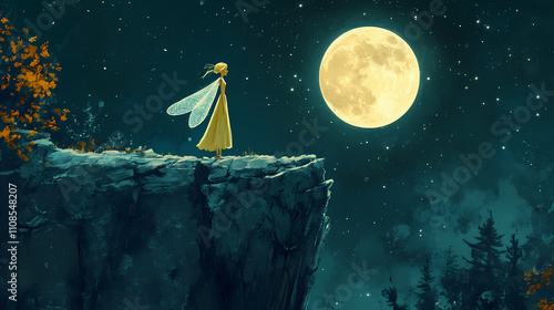 A fairy with gossamer wings stands on a cliff edge, gazing at the full moon in a starry night sky. Gossamer. Illustration photo