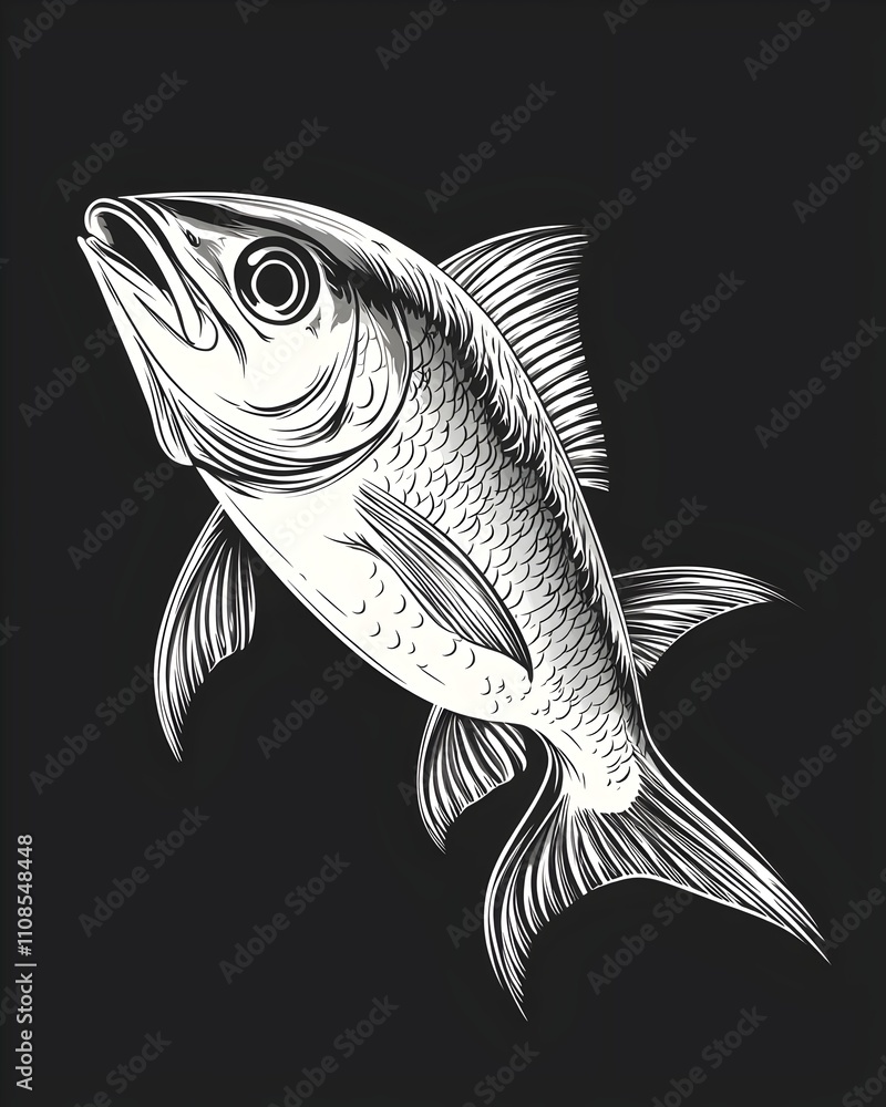 Fototapeta premium A beautifully detailed monochrome illustration of a fish, showcasing its textured scales and fin details against a dark background, emphasizing its graceful form.