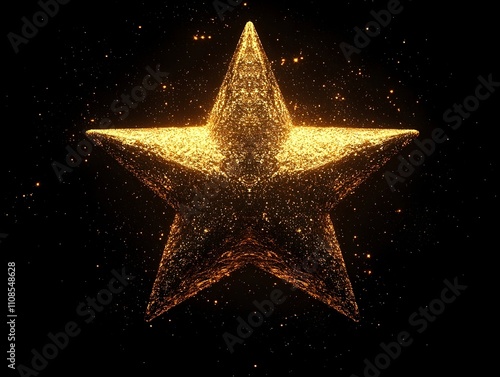 A shimmering gold star glistens against a dark background, radiating a warm glow while surrounded by twinkling particles, creating a magical and festive atmosphere.