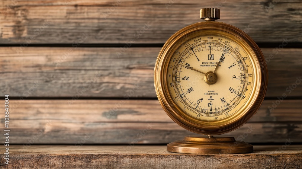 Antique Brass Barometer Rests on Wooden Surface Antique Brass Barometer Rests on Wooden Surface