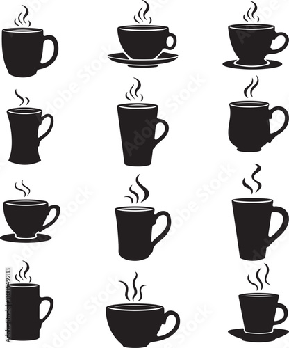 Coffee cup icon set. Cups of coffee, Teacup collection. Hot drink icon. Disposable cup. Flat style. Vector Illustration. 