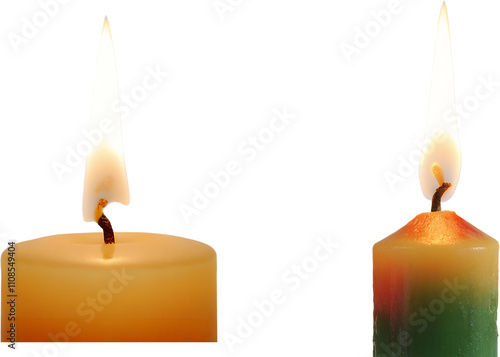 Two Burning Candles with Different Colors and Shapes Isolated on Transparent and White Background photo