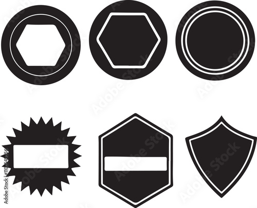 Circle sticker set. Wavy edge promo black badges. Star burst shape tags for price. Blank sale stickers. Simple silhouette. Flat vintage labels.