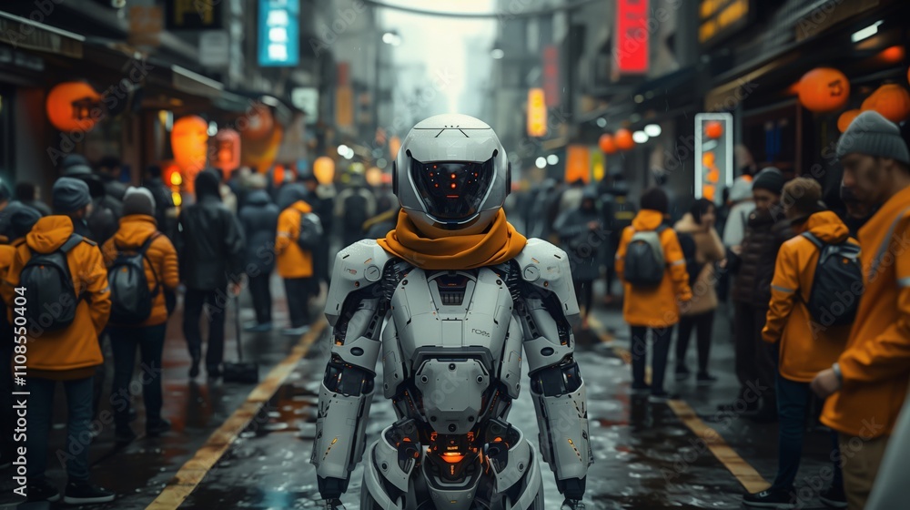 Fototapeta premium A cyborg walking in a busy urban street with futuristic industrial cityscape, lights, and people