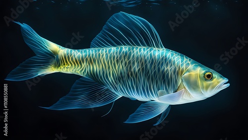 A fish with translucent neon-lit scales, its fins creating ripples of light in deep photo