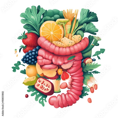 An informative illustration of the intestinal system with a focus on food and mechanisms that promote intestinal health and strength. photo