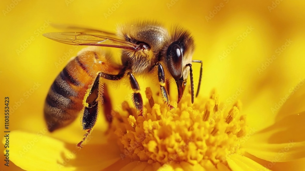 Close-up of a honeybee collecting pollen from a yellow flower. Close-up of a honeybee collecting pollen from a yellow flower.