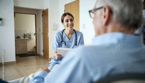 Smiling nurse assisting elderly patient in hospital room