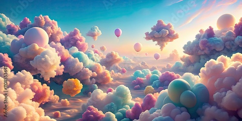 Dreamy Pastel Cloudscape: Drone Shot of Fluffy Cartoon Clouds photo