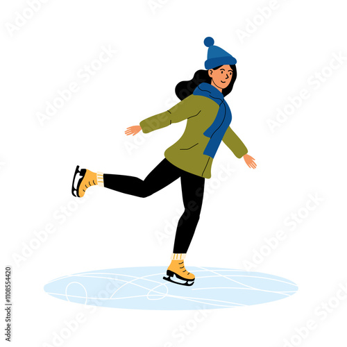 Young woman ice skating on a frozen pond during winter afternoon