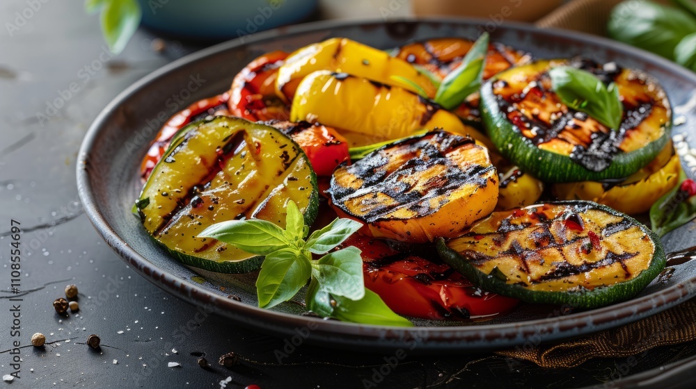 Clean lines and subtle colors highlight a plate of grilled vegetables Clean lines and subtle colors highlight a plate of grilled vegetables