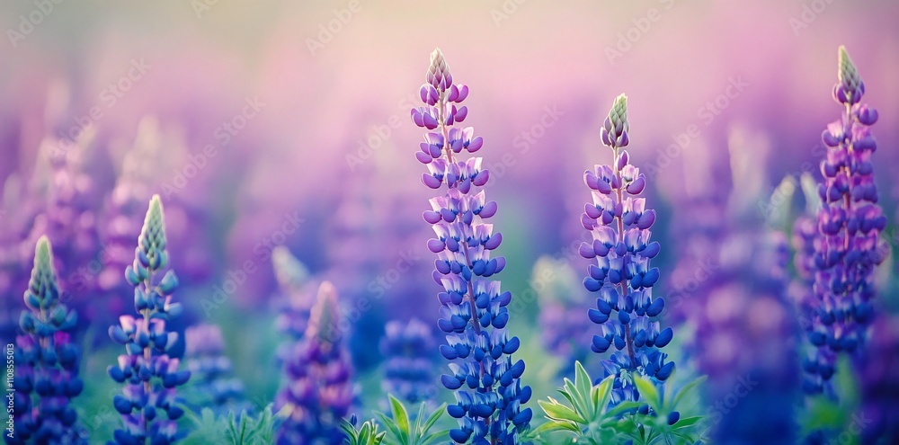 Obraz premium A serene field of blooming purple lupines under soft light.