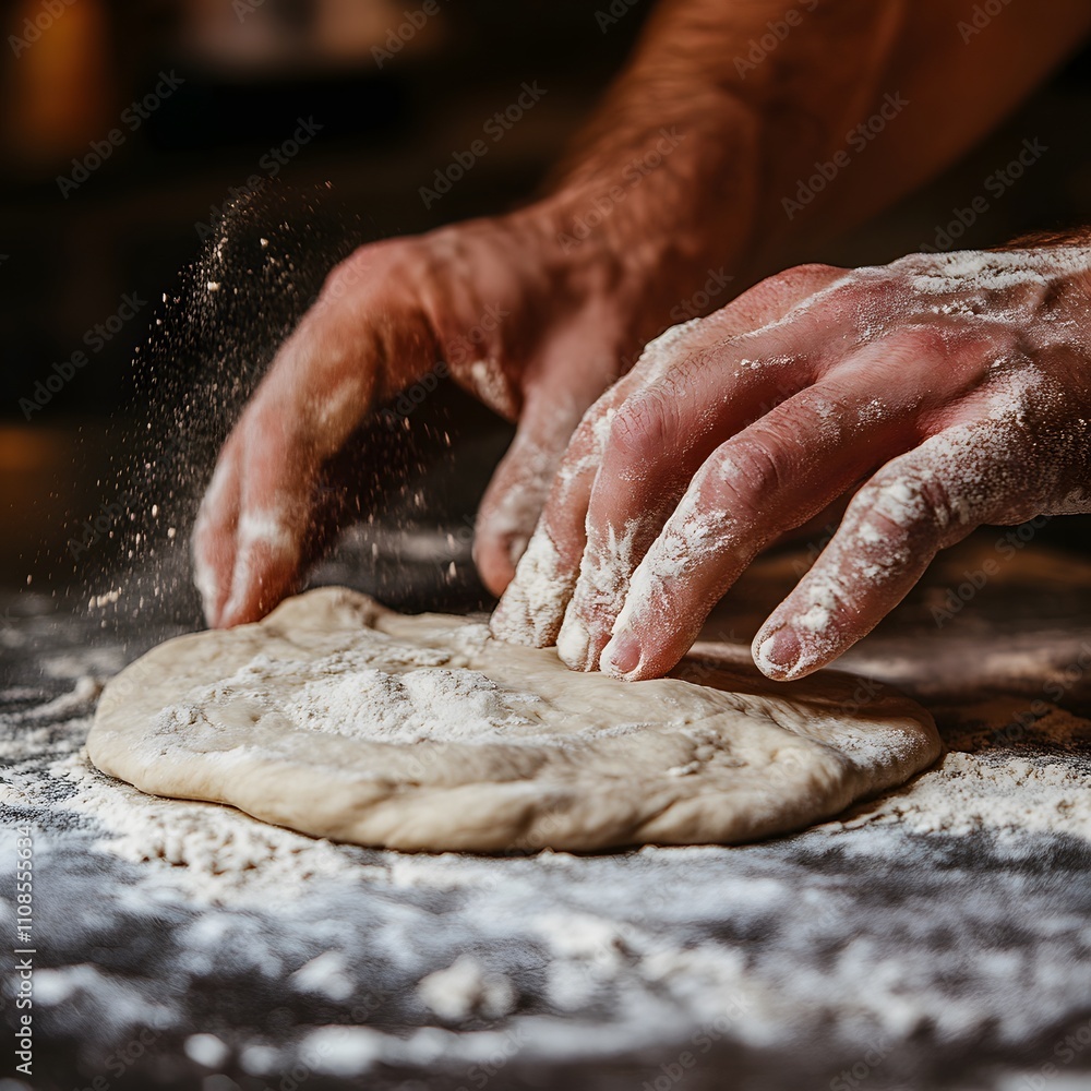 Close-up shots of hands kneading and stretching pizza dough on a floured surface, highlighting the tactile and hands-on nature of the dough preparation process. Close-up shots of hands kneading and stretching pizza dough on a floured surface, highlighting the tactile and hands-on nature of the dough preparation process.