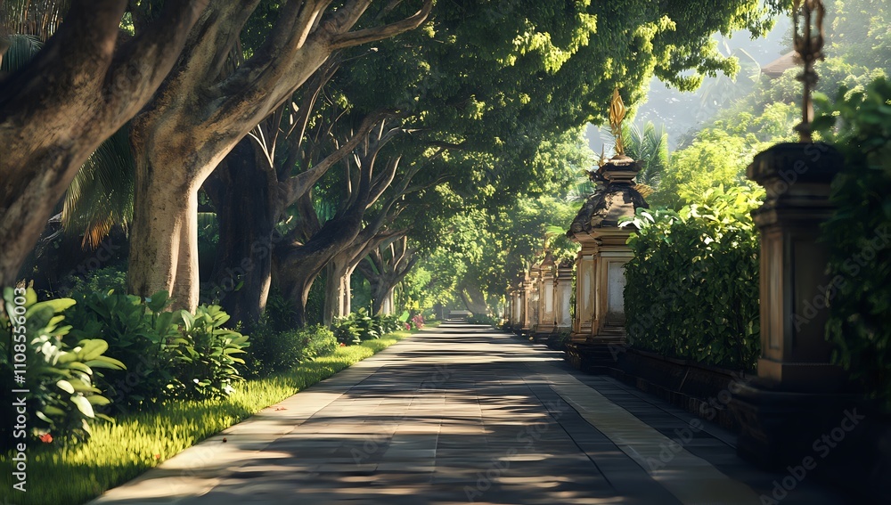 Obraz premium Serene Pathway Through Lush Tropical Garden: A Tranquil Bali Morning