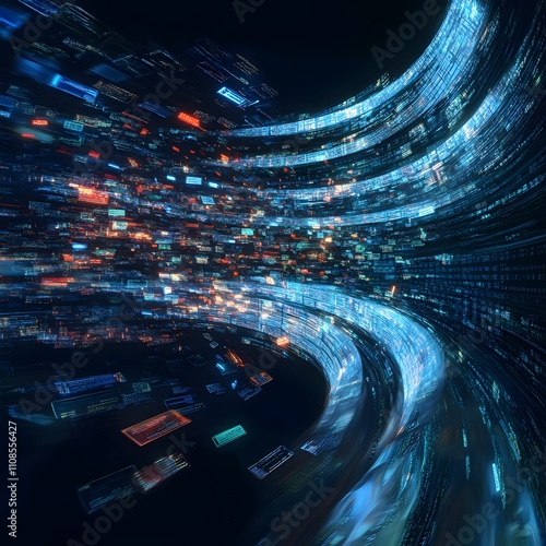 Data leakage depicted through data streaming out of a compromised server or database, emphasizing the unauthorized exposure of sensitive information during a data breach.