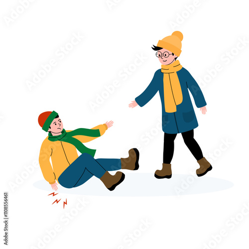 Winter fun turns into an unexpected slip on ice with friends helping each other