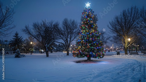  A beautifully decorated Christmas tree in the middle of a snow-covered park, glowing brightly in the night