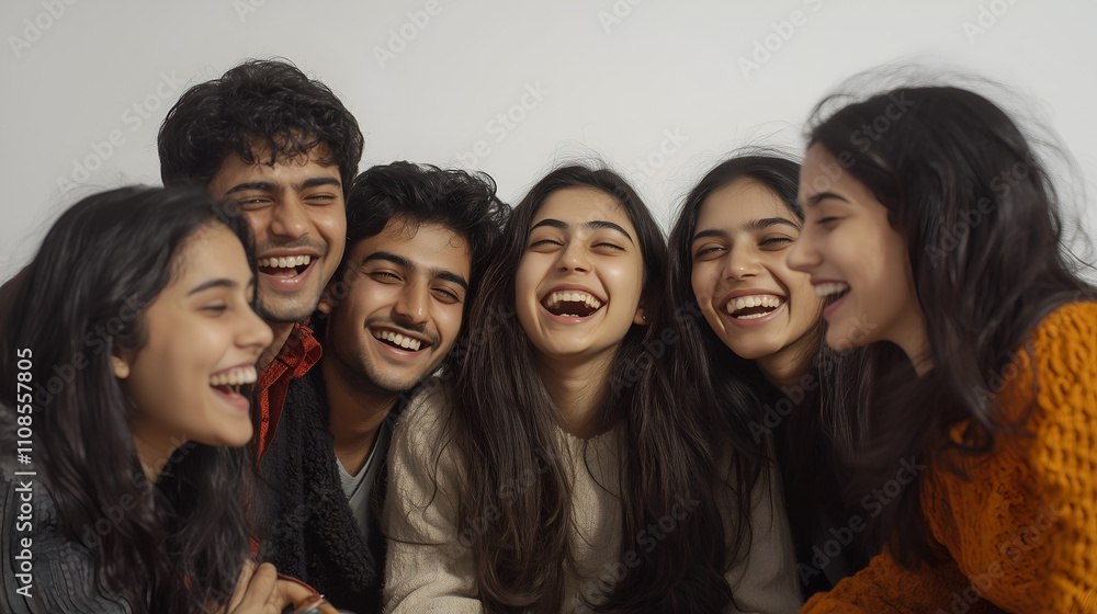 Fototapeta premium group of happy young Indian friends laughing together, portrait isolated on a white background,