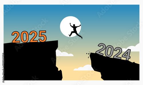 A silhouette leaps between cliffs labeled 2024 and 2025 against a sunrise, symbolizing progress or transition into the future. New year 2025