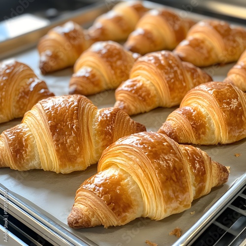 Freshly baked croissants on a tray, just out of the oven and ready for customers. photo