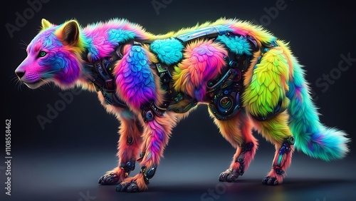 A hybrid animal, part biological, part robotic, with holographic fur patterns shimmering in vibrant neon colors. photo