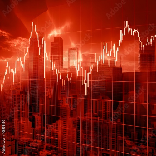 Graphs showing a decline, with a red city backdrop, illustrating the global economic recession. photo