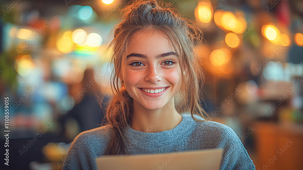 Obraz premium Young Woman Smiling Brightly in a Vibrant Coffee Shop Setting