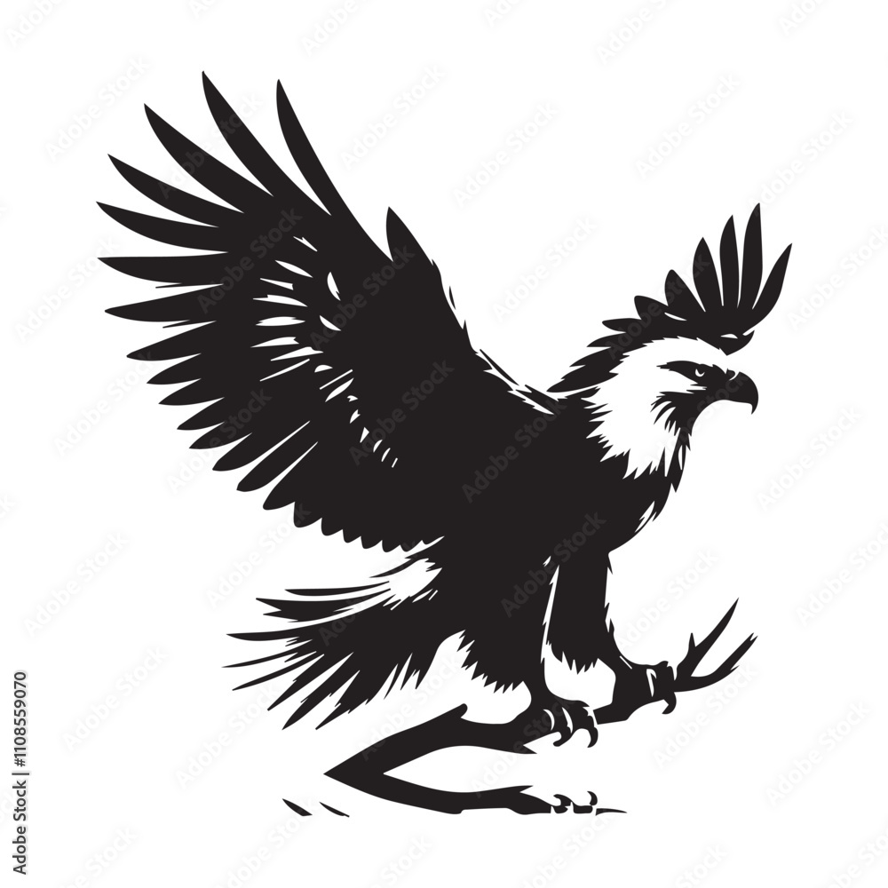 Fototapeta premium Black and white silhouette of eagle sitting in his nest, Flying Bald Eagle black and white Silhouette vector, A Bald Eagle black Silhouette Vector isolated on a white background
