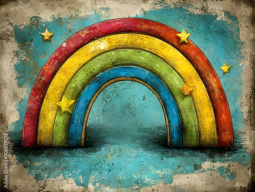 A vibrant, colorful rainbow featuring red, yellow, green, and blue arches, with stars adorning its sides, set against a textured teal background, evoking a cheerful and whimsical mood.