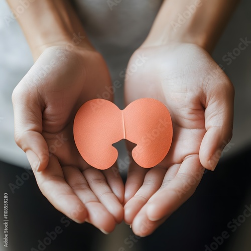 Hands holding a kidney-shaped paper to raise awareness for adrenal health and disorders, emphasizing Adrenal Health Awareness Month and the importance of endocrine health. photo