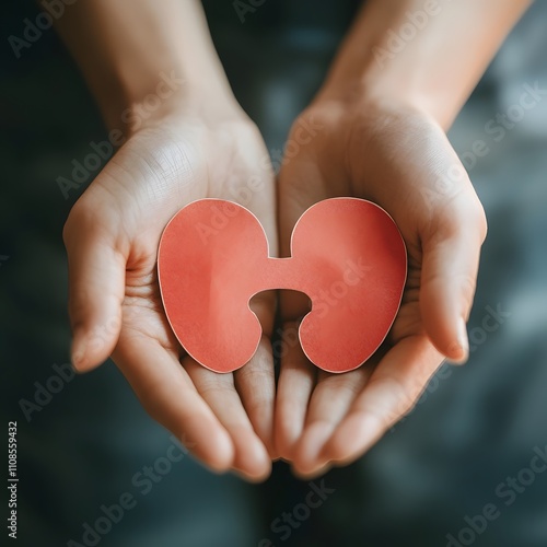 Hands holding a kidney-shaped paper to raise awareness for adrenal health and disorders, emphasizing Adrenal Health Awareness Month and the importance of endocrine health. photo