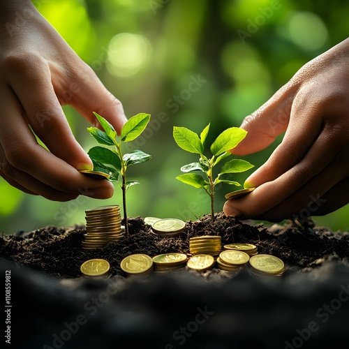 Hands planting trees growing on a pile of coins, symbolizing the concept of investing in sustainable business growth and financial prosperity. photo