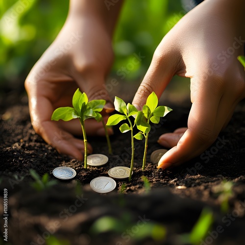 Hands planting trees growing on a pile of coins, symbolizing the concept of investing in sustainable business growth and financial prosperity. photo