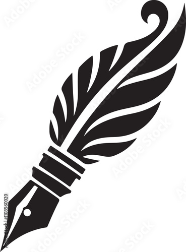 Set of fountain pen icon, logo. Feather quill pen icon vector. Fountain pen simple silhouette.