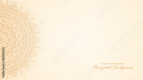 Horizontal Detailed Mandala Art Pattern Featuring Golden Accents on a Subtle Cream Horizontal Background
