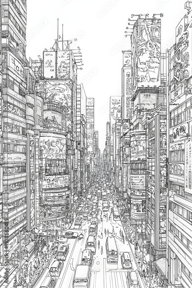 Obraz premium A detailed line drawing of a bustling city street, showcasing crowded sidewalks and busy traffic amidst towering skyscrapers and vibrant advertisements.
