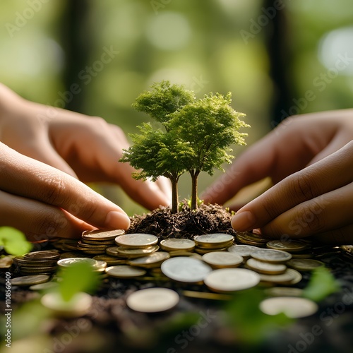 Hands planting trees on a pile of coins represent the concept of investing in future growth and sustainable development. photo